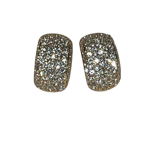 Vintage Roman Gold Plated Swarovski Paved Crystal Clip On Huggies Earrings - Picture 6 of 9